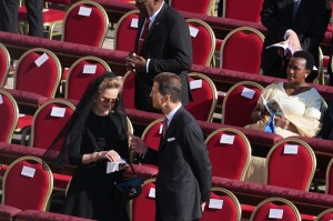 VATICAN CITY, VATICAN - MAY 18: Liechtenstein's Prince Alois, center, and Liechtenstein's Princess Sophie, left, arrive to attend the inaugural Mass of Pope Leo XIV's pontificate in St. Peter's Square at the Vatican, on May 18, 2025 in Vatican City, Vatican. U.S. Vice President JD Vance is in Rome to attend the inauguration mass of Pope Leo XIV at the Vatican.  (Photo by Jacquelyn Martin - Pool/Getty Images)