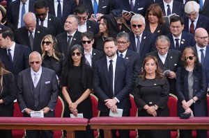 VATICAN CITY, VATICAN - MAY 18: U.S. Vice President JD Vance (C) and his wife Usha Vance attend Pope Leo XIV's Inauguration mass on May 18, 2025 in Vatican City, Vatican. U.S. Vice President JD Vance is in Rome to attend the inauguration mass of Pope Leo XIV at the Vatican.  (Photo by Jacquelyn Martin - Pool/Getty Images)