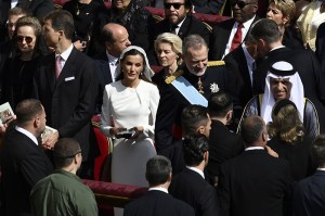 VATICAN CITY, VATICAN - MAY 18: Queen Letizia of Spain and King Felipe VI of Spain take their seats ahead of the Inauguration Mass of Pope Leo XIV in St Peter's Square on May 18, 2025 in Vatican City, Vatican. Pope Leo XIV (formerly Cardinal Robert Francis Prevost) presided over his inauguration mass in St Peter's Square after his election on May 8th. (Photo by Antonio Masiello/Getty Images)