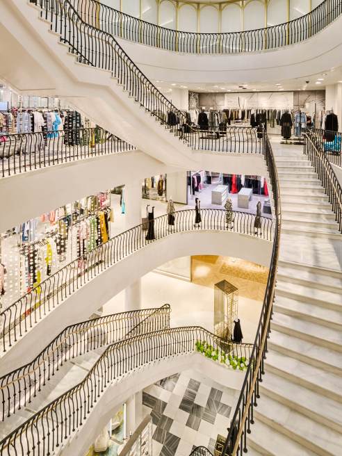 A sweeping staircase in Saks Fifth Avenue's Beverly Hills store.