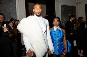 Jonathan Owens, Simone Biles at The Carlyle Hotel before the 2025 Met Gala: "Superfine: Tailoring Black Style" held at the Metropolitan Museum of Art on May 5, 2025 in New York, New York.