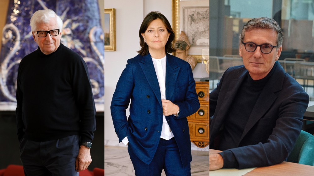 Prada Group’s chairman and executive director Patrizio Bertelli; Maria Giovanna Paone, chairwoman and co-CEO of Kiton’s parent company Ciro Paone, and Francesco Milleri, chairman and CEO of Essilorluxottica.