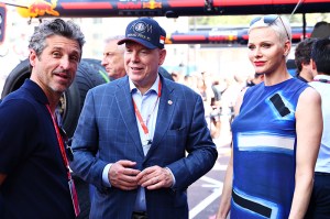 MONTE-CARLO, MONACO - MAY 28: (L-R) Patrick Dempsey, Prince Albert of Monaco and Princess Charlene of Monaco talk outside the Red Bull Racing garage prior to qualifying ahead of the F1 Grand Prix of Monaco at Circuit de Monaco on May 28, 2022 in Monte-Carlo, Monaco. (Photo by Mark Thompson/Getty Images)