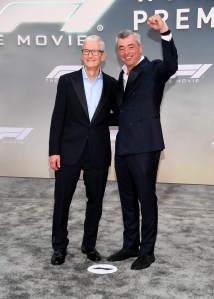 Tim Cook, Eddy Cue at the "F1" New York Premiere on June 16, 2025 in New York, New York.