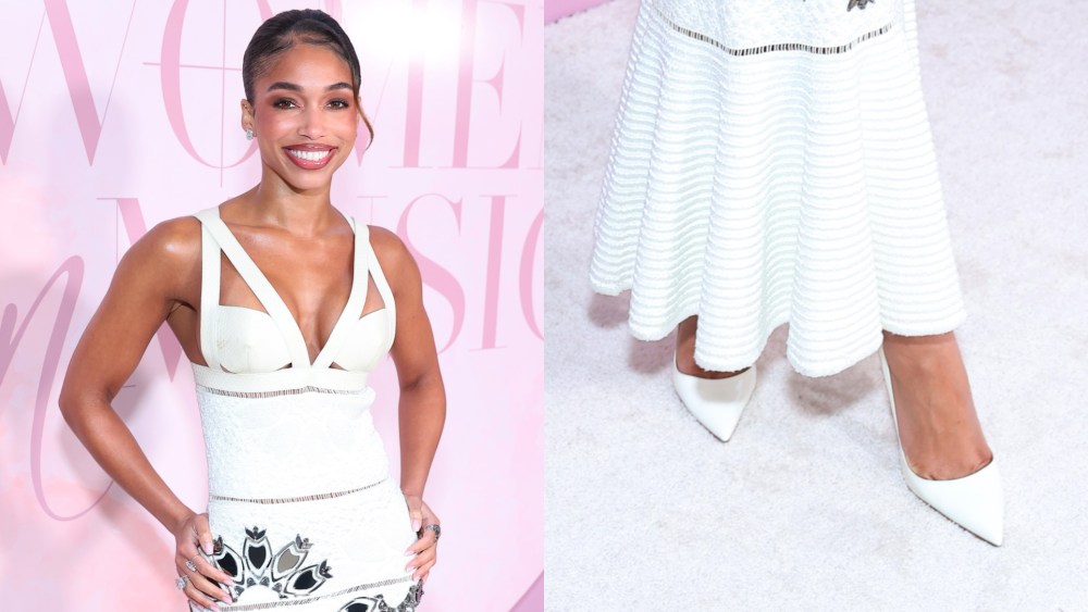 Lori Harvey wearing an Alexander McQueen dress and white heels at the Black Women in Music Dinner hosted by The Connie Orlando Foundation at Audrey Irmas Pavilion on June 3, 2025 in Los Angeles, California.