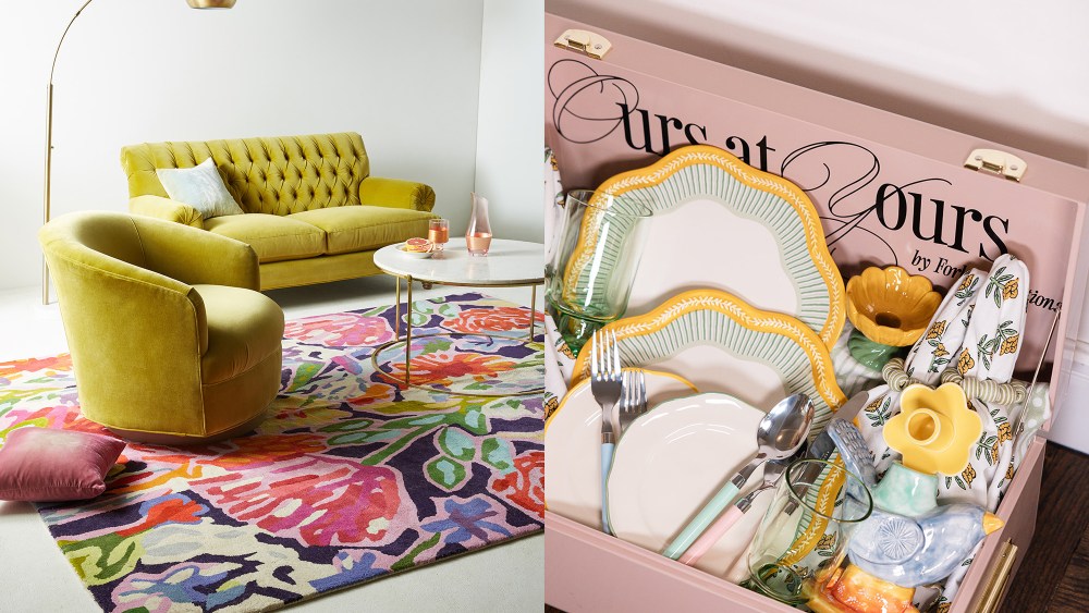 yellow couch and chair standing in a living room with a bright rug; box filled with springlike plates, napkins, dinnerware, and more