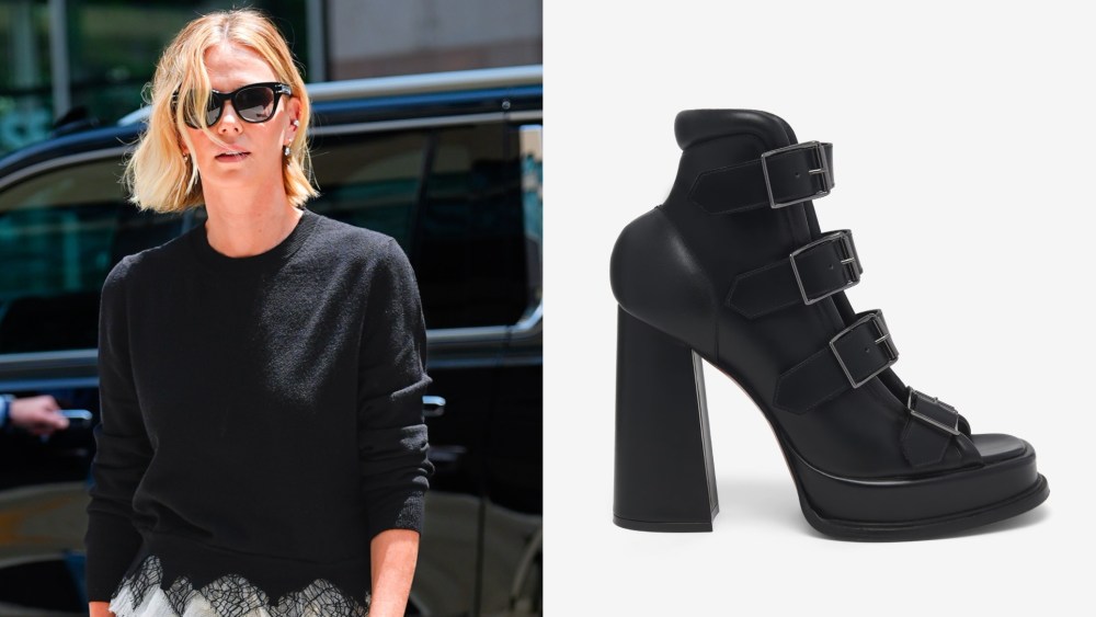 Charlize Theron is seen on Monday wearing a McQueen look in New York City.