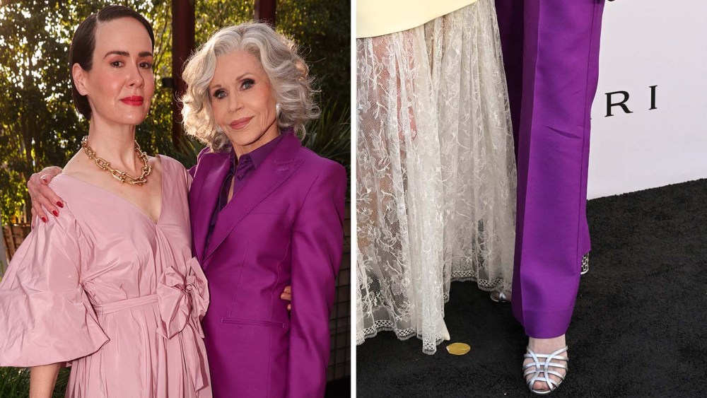 Sarah Paulson & Jane Fonda; a close-up of Jane Fonda's silver caged platform sandals at the MOCA Gala 2025