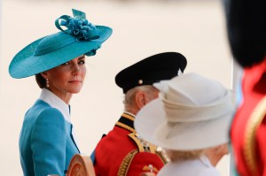 LONDON, ENGLAND - JUNE 14: Catherine, Princess of Wales at Horse Guards Parade during Trooping The Colour 2025 on June 14, 2025 in London, England. Trooping The Colour is a ceremonial parade celebrating the official birthday of the British Monarch. The event features over 1,400 soldiers and officers, accompanied by 200 horses. More than 400 musicians from ten different bands and Corps of Drums march and while performing. (Photo by John Phillips/Getty Images)