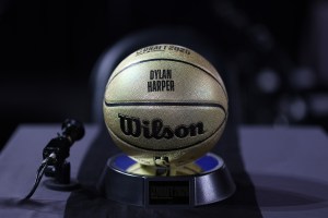 NEW YORK, NEW YORK - JUNE 25: A gold basketball with the name of Dylan Harper sits at his draft table ahead of the 2025 NBA Draft - Round One at Barclays Center on June 25, 2025 in New York City. NOTE TO USER: User expressly acknowledges and agrees that, by downloading and/or using this photograph, user is consenting to the terms and conditions of the Getty Images License Agreement. Mandatory Copyright Notice: Copyright 2025 NBAE (Photo by Sarah Stier/Getty Images)