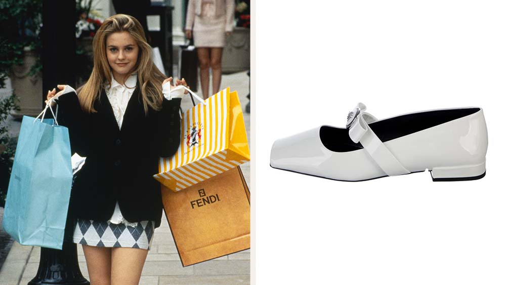 Still of Alicia Silverstone as Cher Horowitz in 'Clueless' and Versace Mary Jane flats, like the ones she wore in the seminal '90s film.