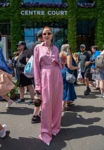LONDON, ENGLAND - JUNE 30: Angela Scanlon poses with a Pimm's, an Official Partner of Wimbledon, at the All England Lawn Tennis and Croquet Club on June 30, 2025 in London, England.  (Photo by Antony Jones/Getty Images)