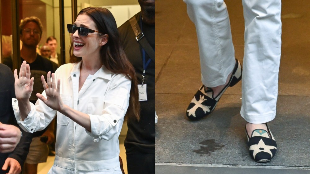 Anne Hathaway wearing Stubbs & Wootton slippers for "The Devil Wears Prada 2" in New York City on July 30, 2025.