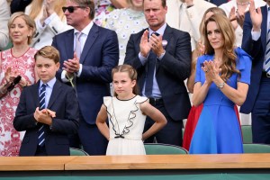 LONDON, ENGLAND - JULY 13: Prince George of Wales, Princess Charlotte of Wales and Catherine, Princess of Wales attend day fourteen of the Wimbledon Tennis Championships at the All England Lawn Tennis and Croquet Club at All England Lawn Tennis and Croquet Club on July 13, 2025 in London, England. (Photo by Karwai Tang/WireImage)