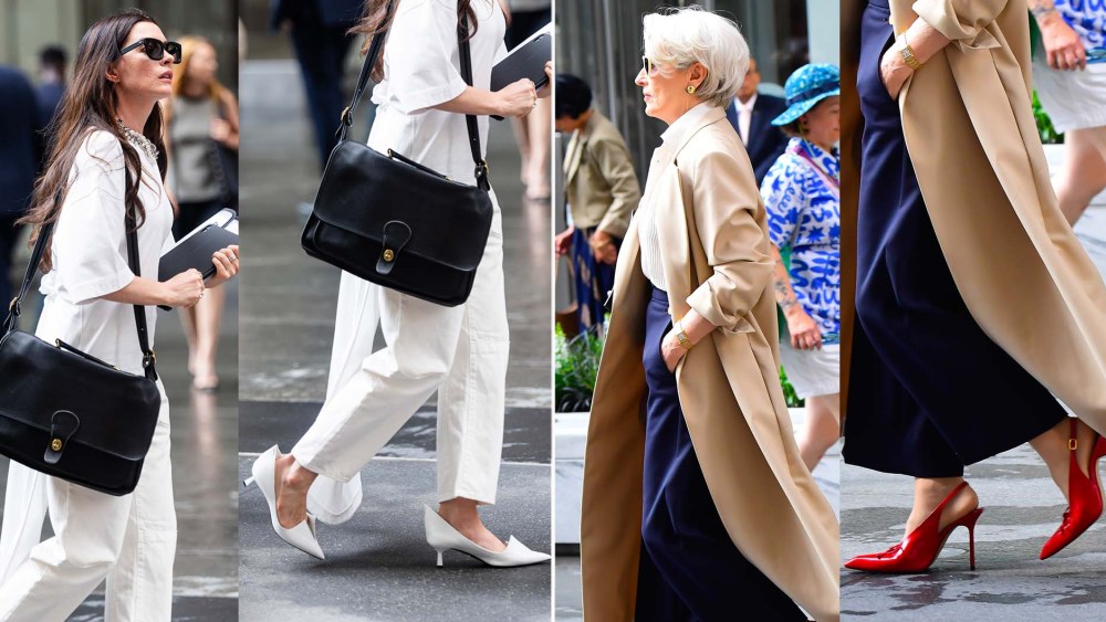 Anne Hathaway in Prada Modellerie spiked leather pumps and Meryl Streep in Jacquemus Cubisto slingback shoes on set of "The Devil Wears Prada 2."