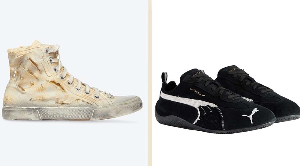 Balenciaga's 2022 "Destroyed" Paris Sneakers, left, and the Destoyed Speedcat from the 2025 Balenciaga x Puma Collaboration