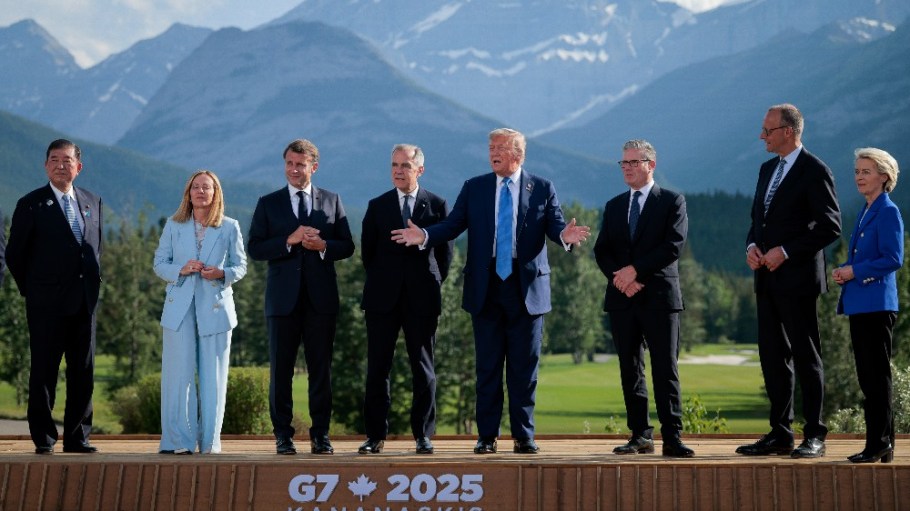 Japanese Prime Minister Shigeru Ishiba, Italian Prime Minister Giorgia Meloni, French President Emmanuel Macron, Canadian Prime Minister Mark Carney, U.S. President Donald Trump, British Prime Minister Keir Starmer, German Chancellor Friedrich Merz, and European Union Commission President Ursula von der Leyen at the G7 Leaders' Summit in Canada last month.
