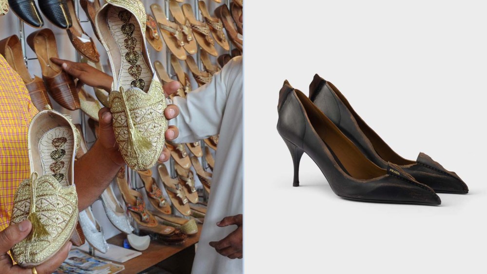 A man holding traditional Punjabi jutti shoes next to Prada’s latest release, which critics say bears more than a passing resemblance.