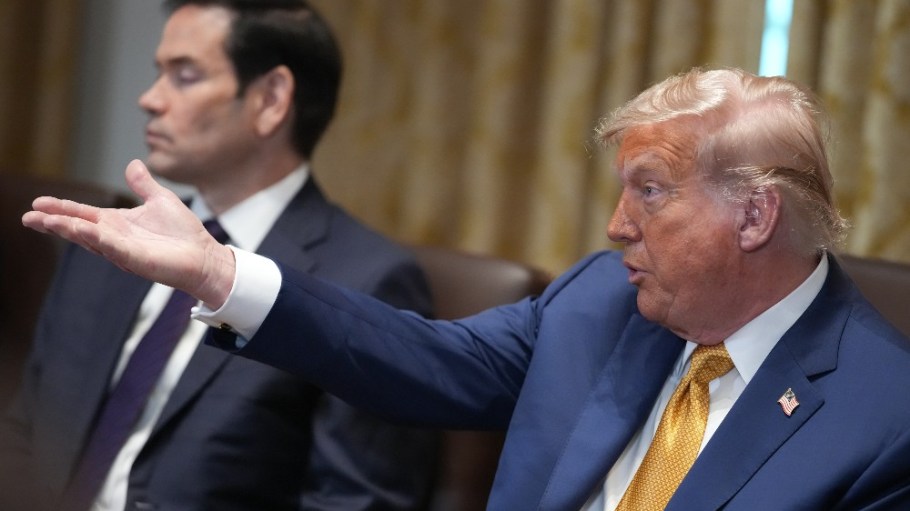 President Donald Trump speaks to members of the press during a Cabinet Meeting at the White House.