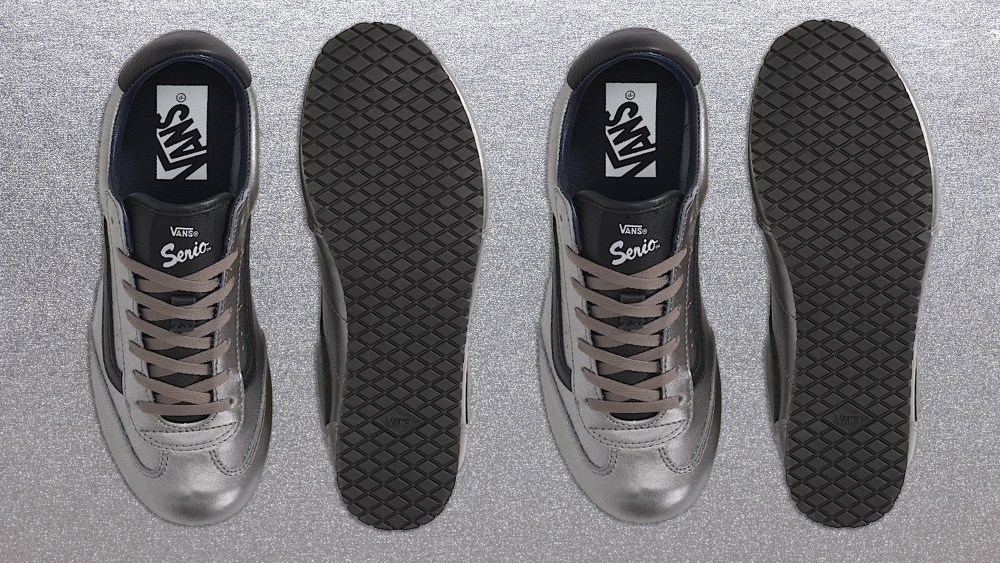 vans super low pro shoe in metallic colorway over gray background