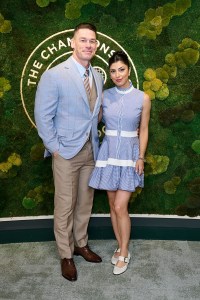 LONDON, ENGLAND - JULY 02: John Cena and Shay Shariatzadeh in the AELTC's Parkside Suite in No.1 Court at The Championships 2025. Held at All England Lawn Tennis and Croquet Club, Wimbledon. Day 3, on July 02, 2025 in London, England. (Photo by Jordan Peck/Getty Images for AELTC)