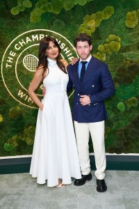 LONDON, ENGLAND - JULY 02: Priyanka Chopra and Nick Jonas in the AELTC's Parkside Suite in No.1 Court at The Championships 2025. Held at All England Lawn Tennis and Croquet Club, Wimbledon. Day 3, on July 02, 2025 in London, England. (Photo by Jordan Peck/Getty Images for AELTC)