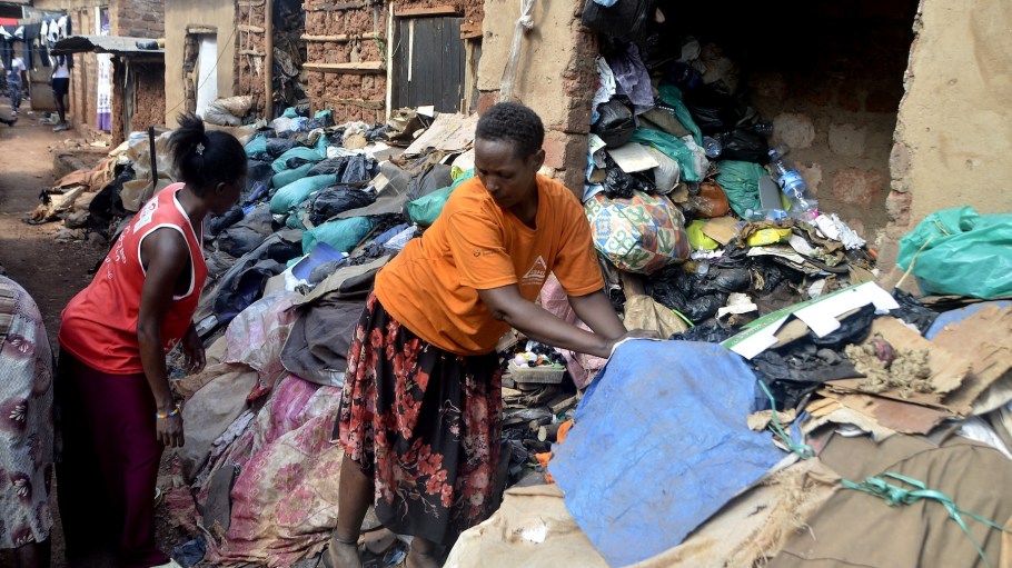 Women within the Katogo Women's Initiative, which operates in the Nakawa district of Uganda's capital Kampala, collect plastic and nylon waste by visiting houses one by one as part of the fight against environmental pollution in Kampala, Uganda on June 10, 2025. The collected waste is collected at the center and sold for about $1 per kilogram. The women both provide for their families and contribute to the protection of the environment.