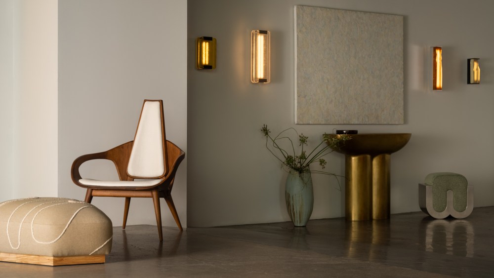 At the Delbert-Arthur Gallery,  Garnier & Linker sconces, console, centerpiece; Katia Luna Benai chair; Ottoman by Hugo Falaise; Hyejeong Kim ceramic vase; Raphaël Pontais sculpture.