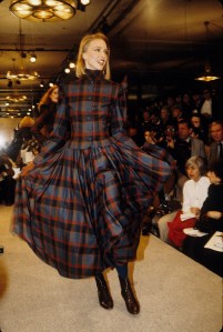 Button-up plaid jacket with matching ankle-length full skirt in the Perry Ellis Fall/Winter 1981 show in New York..photographed in April 1981