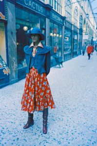 Carol LaBrie in a look from the fall 1973 collection in the Passage Verdeau in Paris.