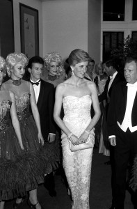 Princess Diana attending the Savoy Centenary Ball, a benefit for Birthright, a charity that provides prenatal care. Diana wears a gown by Catherine Walker (Photo by Fairchild Archive/Penske Media via Getty Images)