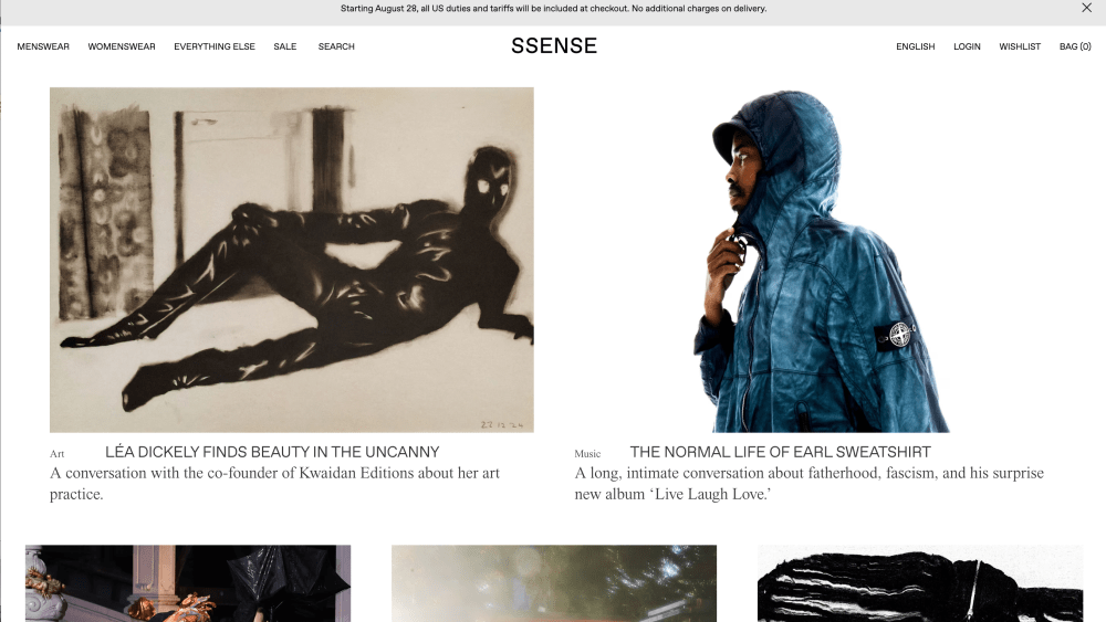 The Ssense website informs customers that U.S. duties and tariffs will be added to their bill at checkout.