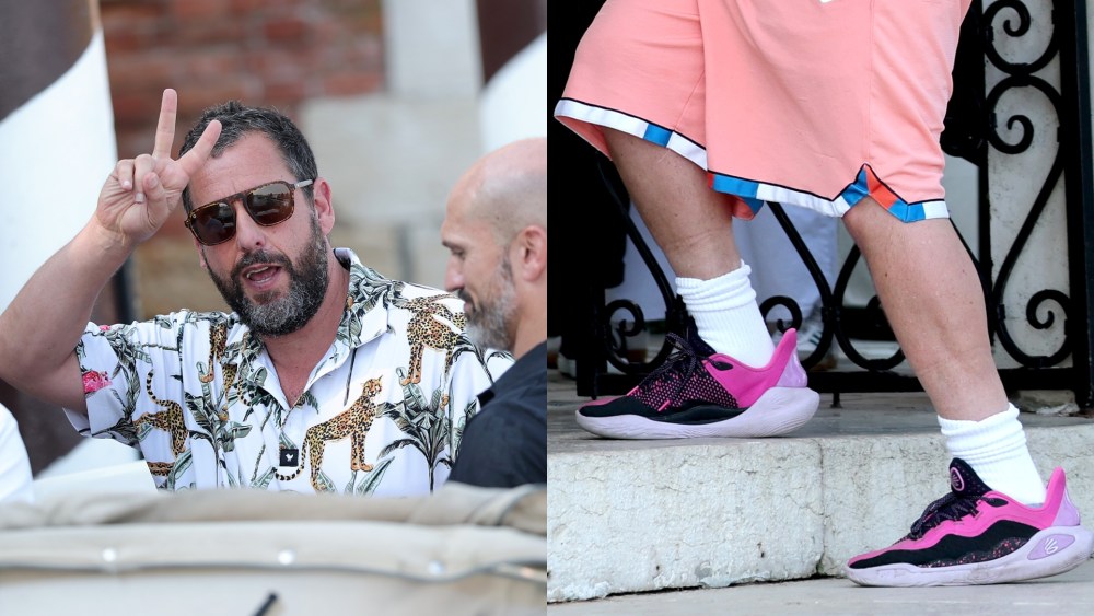 adam sandler in Curry Flow 11 'Girl Dad' sneakers in venice, italy, pink basketball shoes, curry brand sneakers, venice international film festival