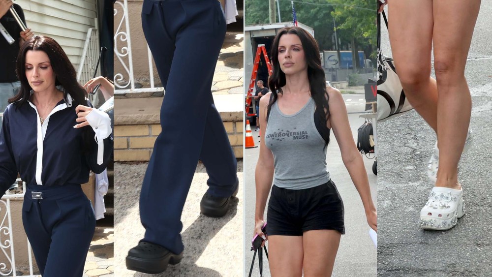 Julia Fox wearing two styles of Crocs while on set of "Elsbeth" on Thursday.