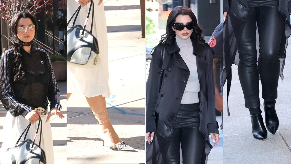 Julia Fox wearing Le Silla Hard Rock heels and black boots on the set of "Elsbeth" in New York City on Friday.