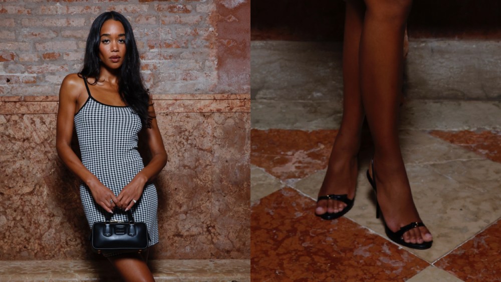 Laura Harrier attended a Miu Miu event during the Venice Film Festival 2025 in patent leather slingback sandals from the label.