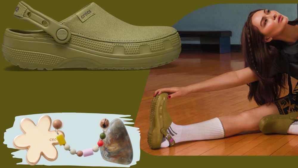 lola tung next to a new crocs canvas clog in a green color and various shoe charms