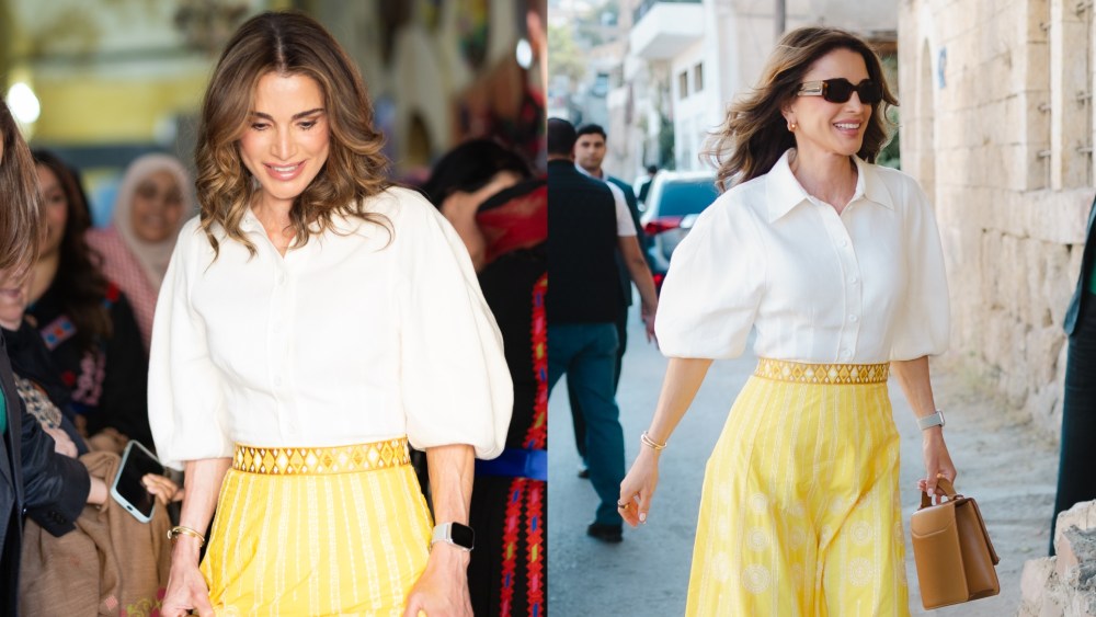 Queen Rania of Jordan styles a Chloe blouse and yellow Emporio Sirenuse embroidered skirt for her visit to Al Salt and tours Al Ain Plaza on Aug. 18, 2025, in Jordan.