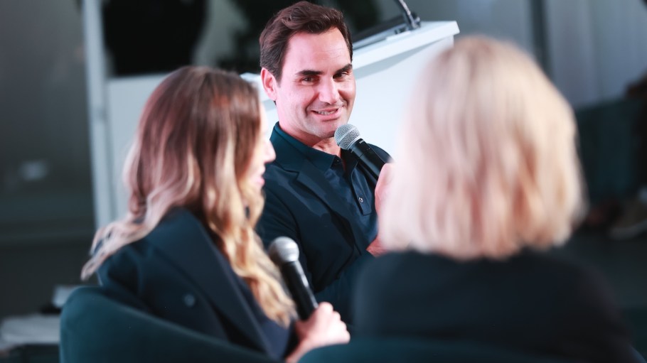 Roger Federer, Clare Waight Keller and Cate Blanchett during "The Art and Science of LifeWear" event, held at MoMA with Toray Industries to showcase Uniqlo's LifeWear.