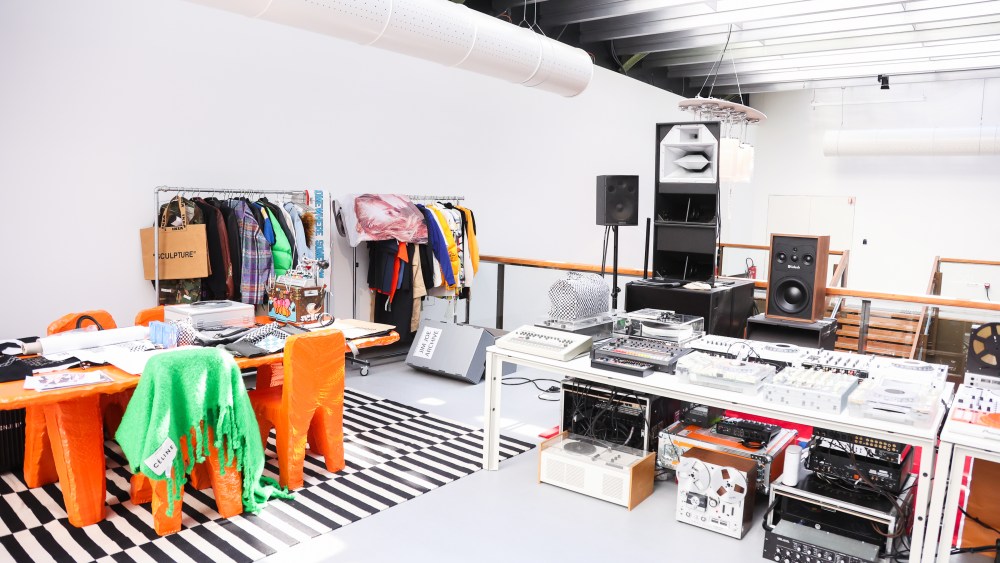 A work desk and turntables from the personal collection of Virgil Abloh on display at the "Virgil Abloh: The Codes" exhibition in Paris