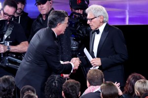 Stephen Colbert and Harrison Ford at the 77th Primetime Emmy Awards.