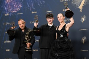 Stephen Graham, Owen Cooper, Erin Doherty at the 77th Primetime Emmy Awards.