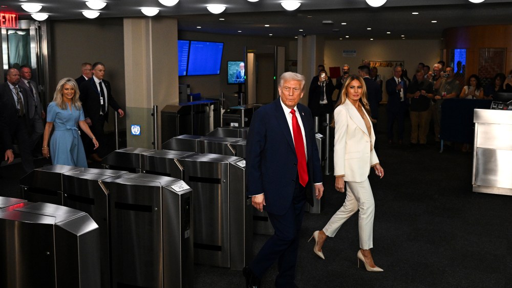 NEW YORK, NEW YORK - SEPTEMBER 23: U.S. President Donald Trump (C) and first lady Melania Trump (C-R) arrive as world leaders gather for the 80th session of the UN’s General Assembly (UNGA) on September 23, 2025 in New York City. World leaders convened for the 80th Session of UNGA, with this year’s theme for the annual global meeting being “Better together: 80 years and more for peace, development and human rights.” (Photo by Alexi J. Rosenfeld/Getty Images)