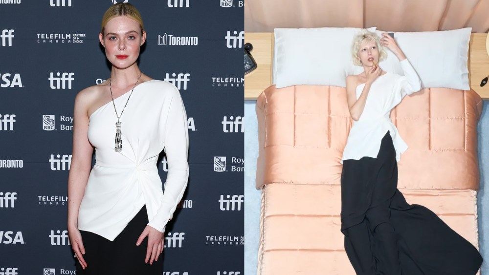 Elle Fanning wears a black and white dress from Valentino's Resort 2026 collection for the TIFF premiere of her film "Sentimental Value" on Sept. 4, 2025 in Toronto, Ontario.