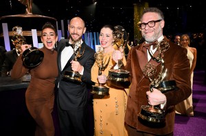 Lisa Goldberg, Evan Goldberg, Lauren Miller Rogen, Seth Rogen at the 77th Primetime Emmy Awards Governors Ball on September 14, 2025 in Los Angeles, California.