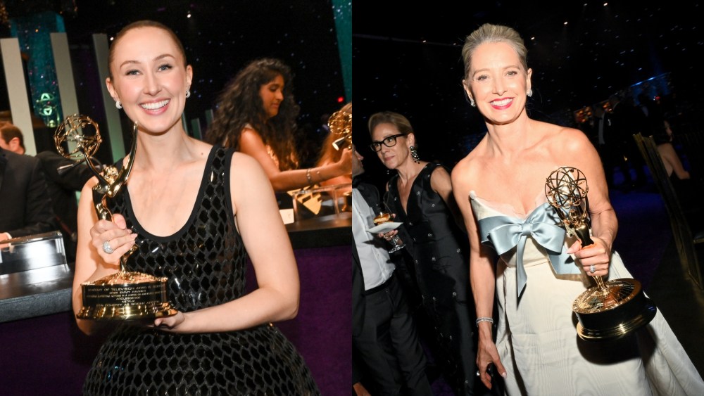 Erin Doherty wears custom Louis Vuitton, left, and Katherine LaNasa wears custom Jason Wu at the 77th Primetime Emmy Awards Governors Ball on Sept. 14, 2025 in Los Angeles.