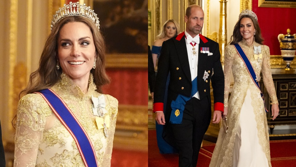 Kate Middleton wears a custom Phillipa Lepley gown with the Lover's Knot tiara and pieces from jewelry from Queen Elizabeth II's collection for the state visit by the President of the United States of America on Sept. 17, 2025 in Windsor, England.