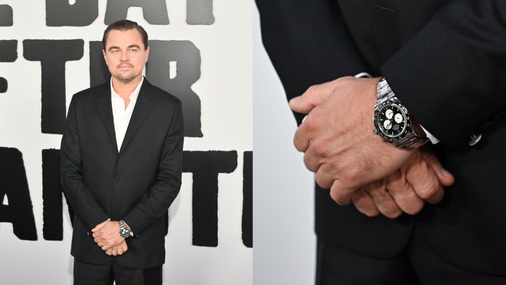 Leonardo DiCaprio wears a suit by Dior and Rolex Daytona watch to the "One Battle After Another" premiere on Sept. 8, 2025 in Hollywood, Calif.