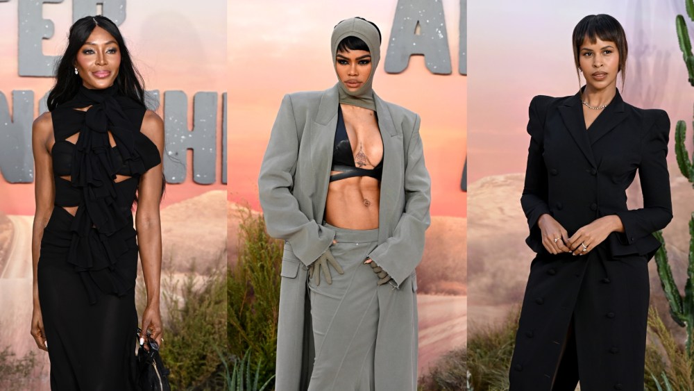 (L-R) Naomi Campbell in Alaia, Teyana Taylor in Oude Waag and Sabrina Dhowre Elba vintage Galliano at the One Battle After Another premiere in London on Sept. 16, 2025.