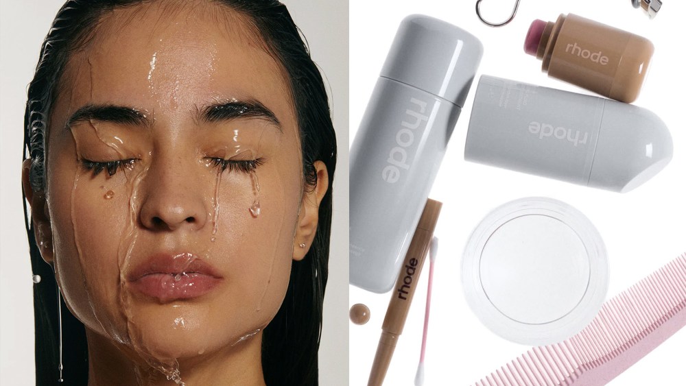 model closing her eyes while water runs down her face; messy assortment of rhode products next to a brush, q-tip, and more